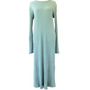 Simon Miller Wells Ribbed Blue Knit Midi Dress Womens L Bodycon Crewneck‎ Bell
